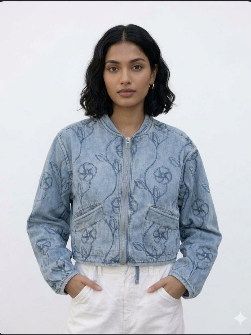 Blank NYC Light Blue Floral Embroidered Denim Bomber Jacket